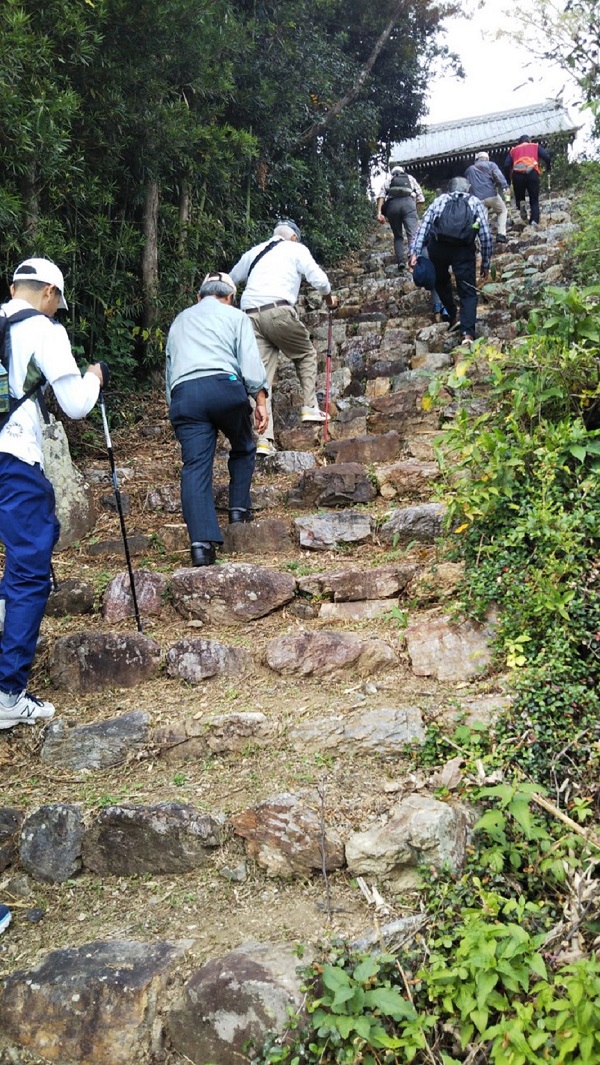 訓導の墓、龍洞院への石段を登る参加者